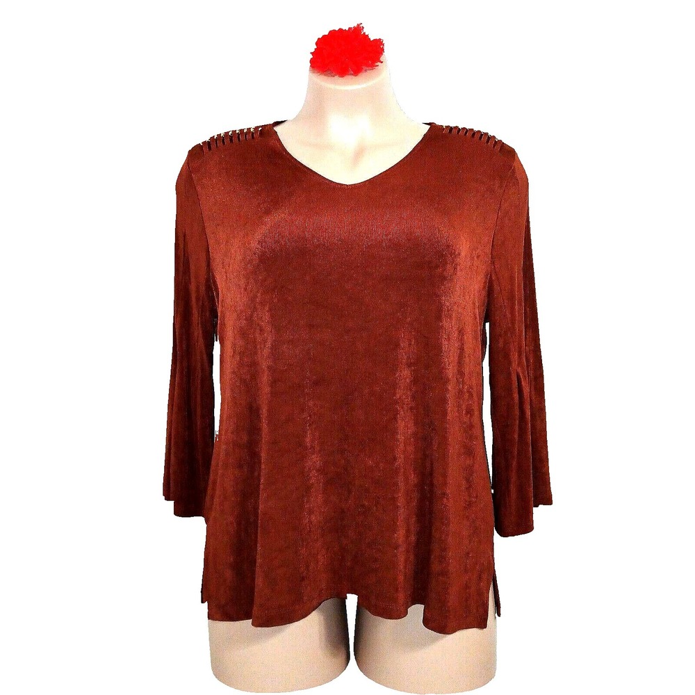 Chico's Travelers Women Tunic Top 3 XL Rich Mahogany Slinky Bell Sleeve Hippie